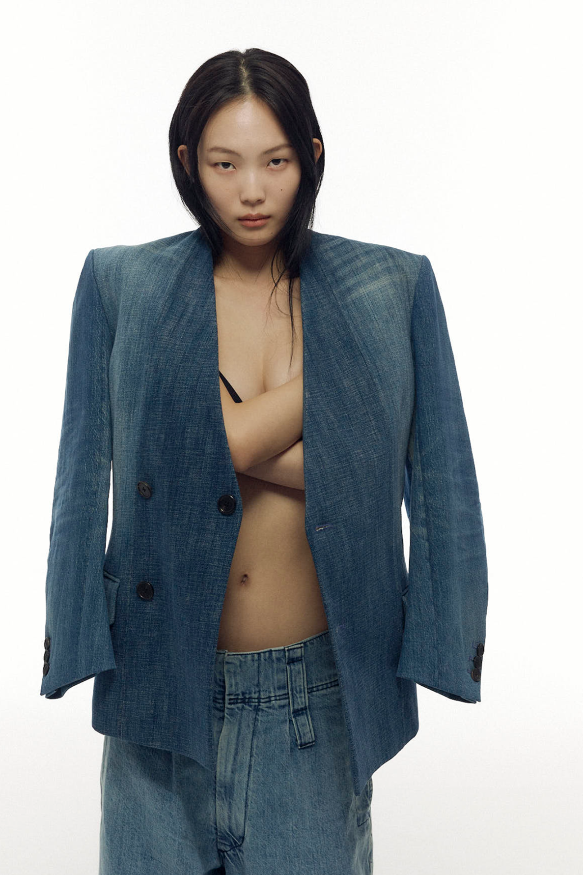 Recreated collarless double breasted jacket