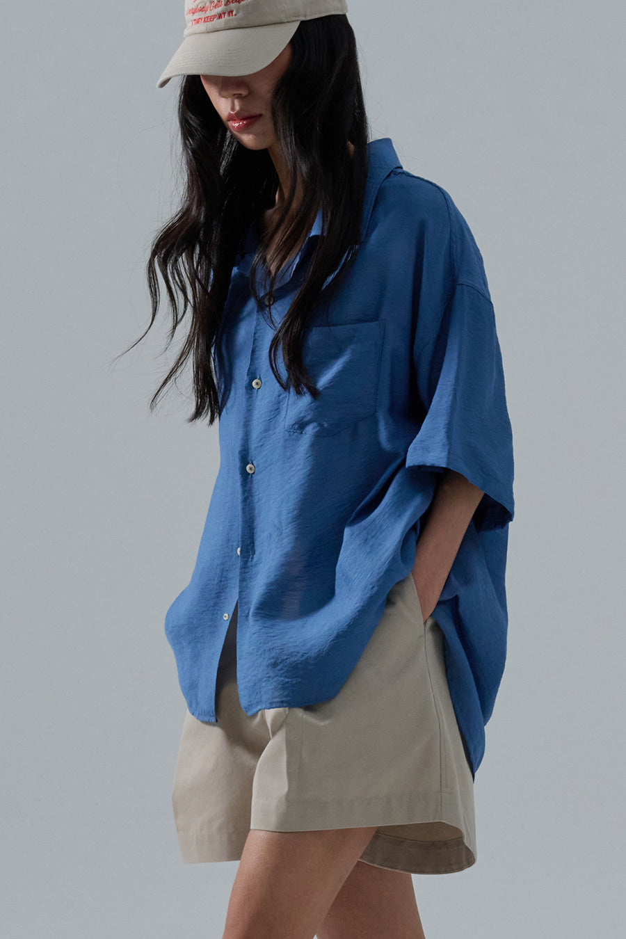 Open Collar Linen Shirt — Blue