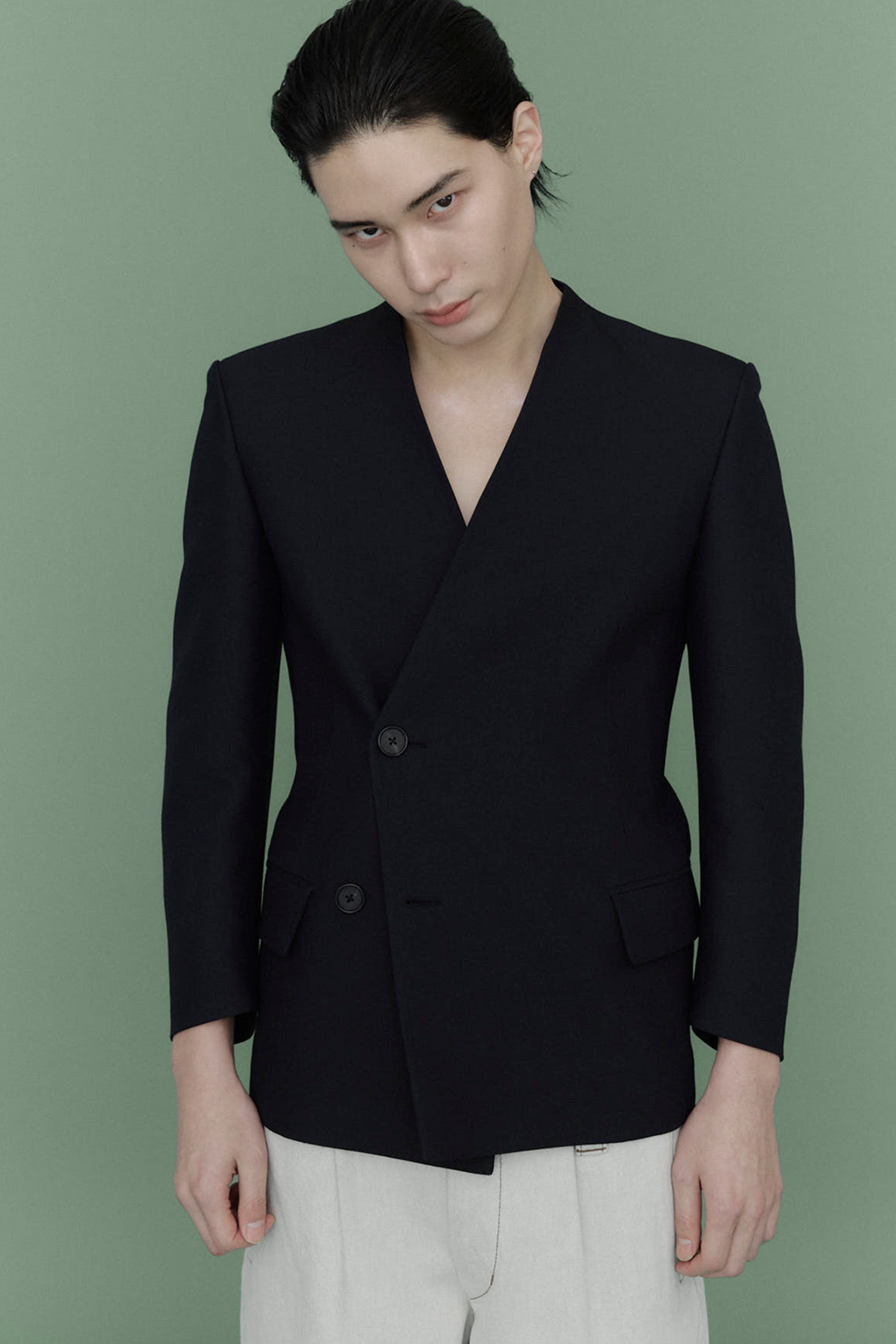 collarless double breasted jacket