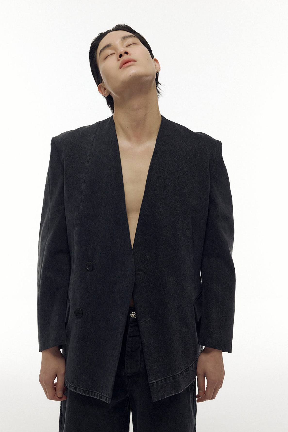 recreated collarless double breasted jacket