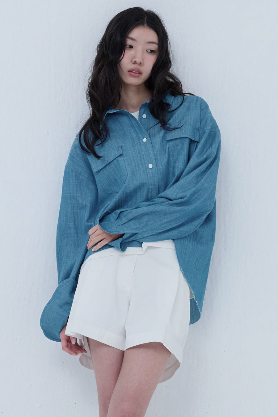 Slub Faded Cut-Off Denim Shirt — Light Blue