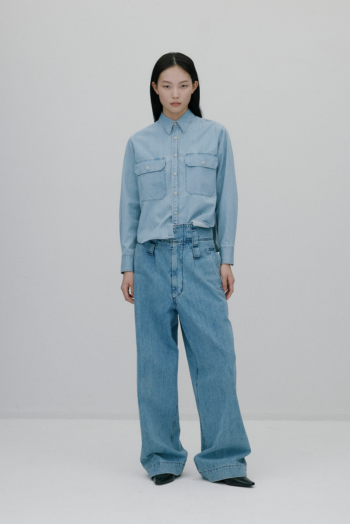 Cropped big pocket chambray shirts