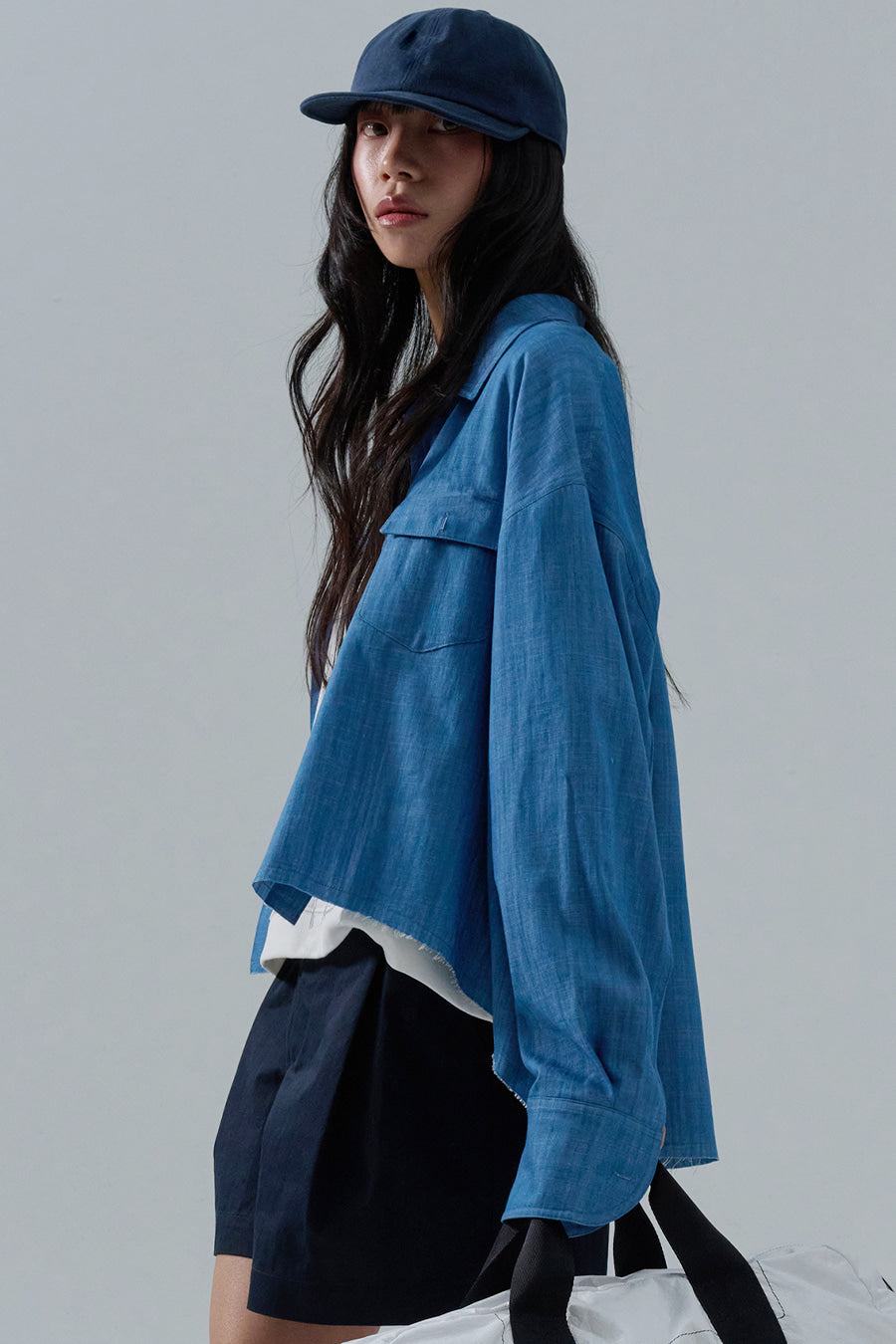 Slub Faded Cut-Off Denim Shirt — Indigo Blue