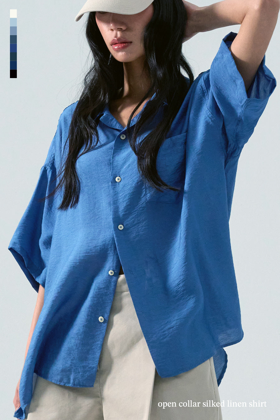 Open Collar Linen Shirt — Blue