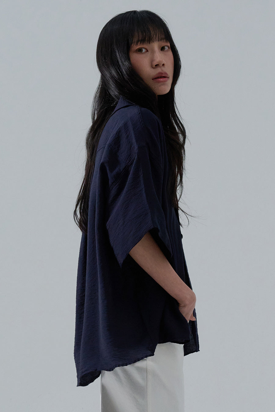 Open Collar Linen Shirt — D.Navy