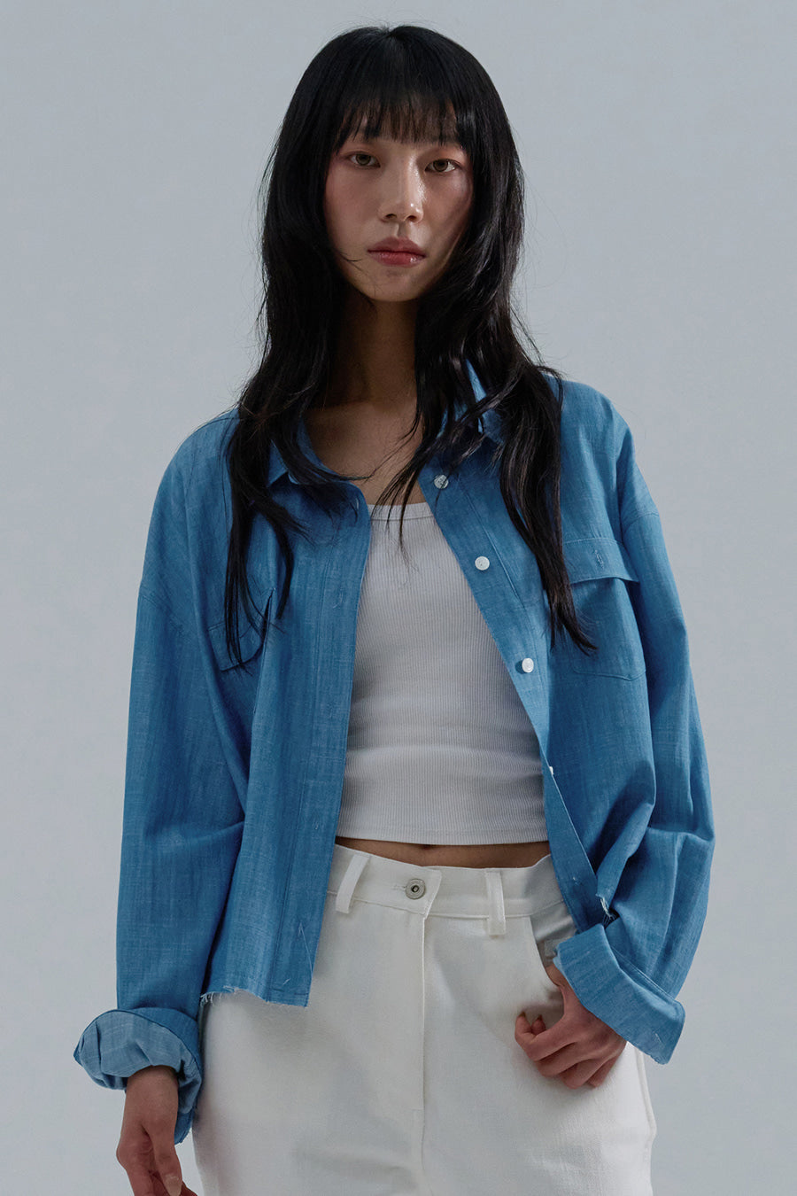 Slub Faded Cut-Off Denim Shirt — Light Blue