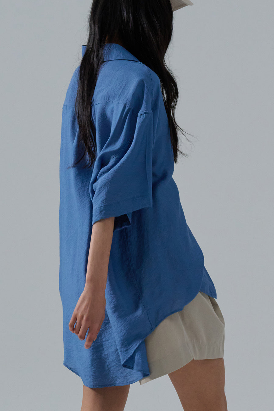 Open Collar Linen Shirt — Blue