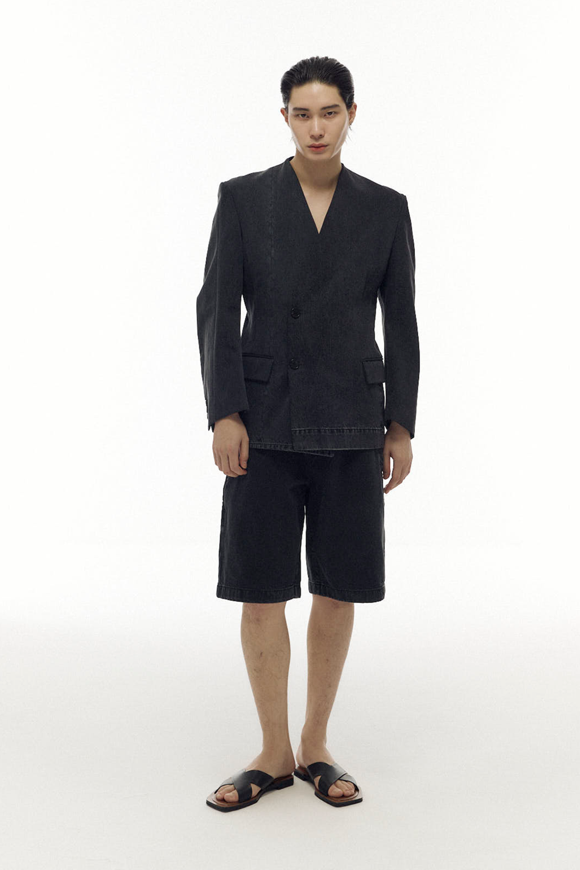 recreated collarless double breasted jacket