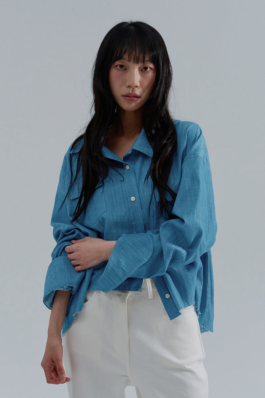 Slub Faded Cut-Off Denim Shirt — Light Blue