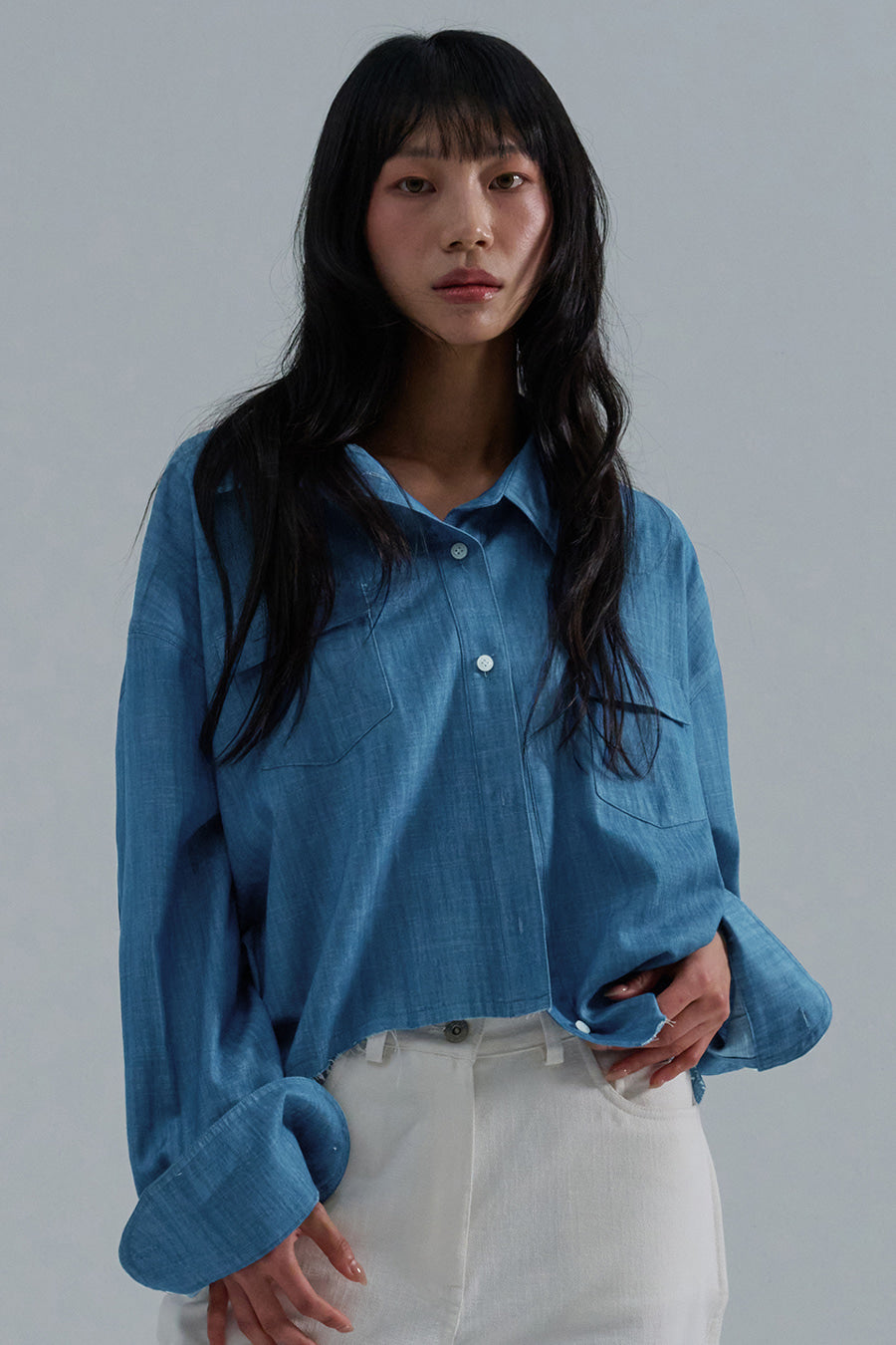 Slub Faded Cut-Off Denim Shirt — Light Blue