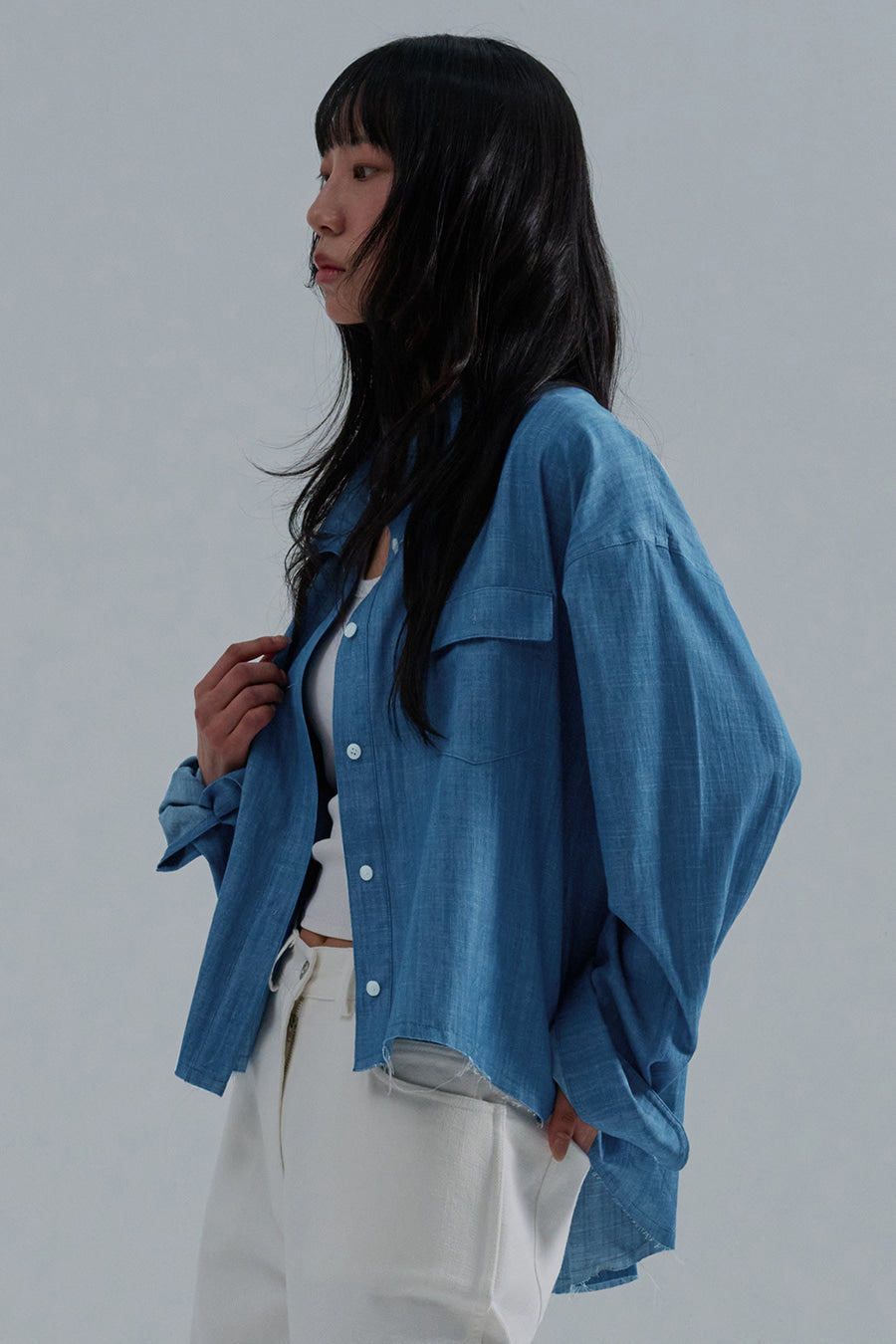 Slub Faded Cut-Off Denim Shirt — Light Blue