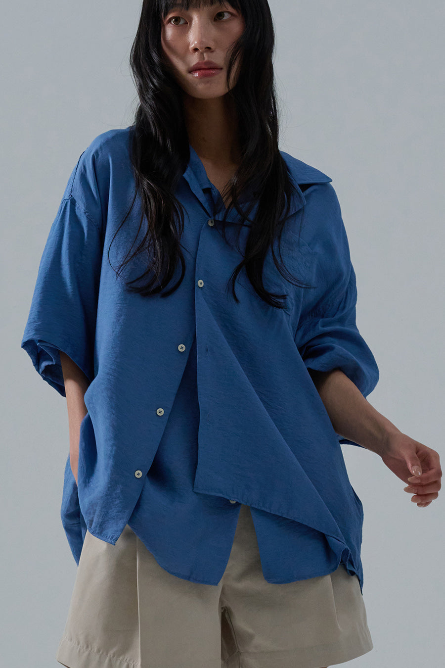 Open Collar Linen Shirt — Blue