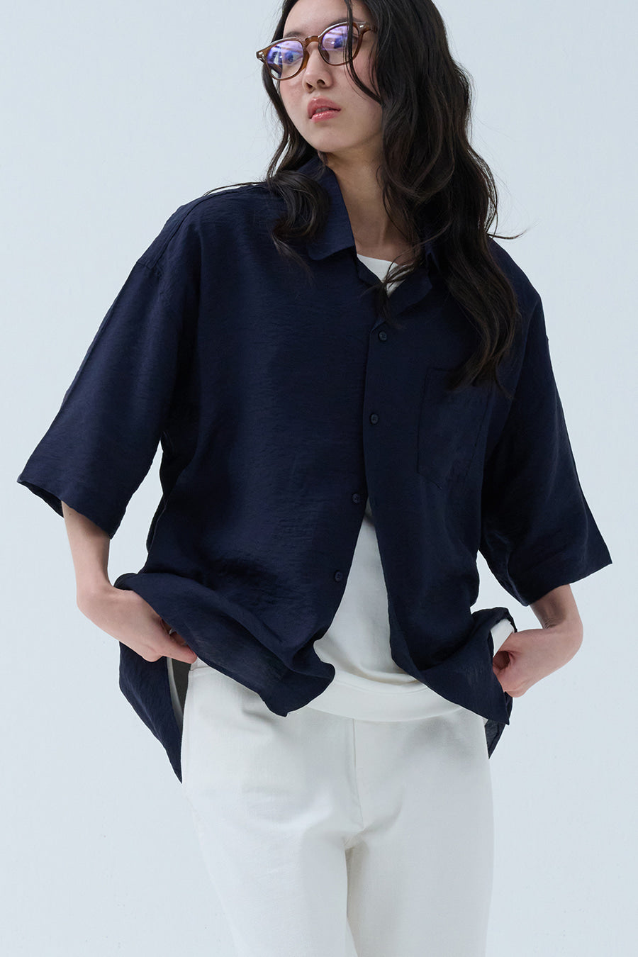 Open Collar Linen Shirt — D.Navy