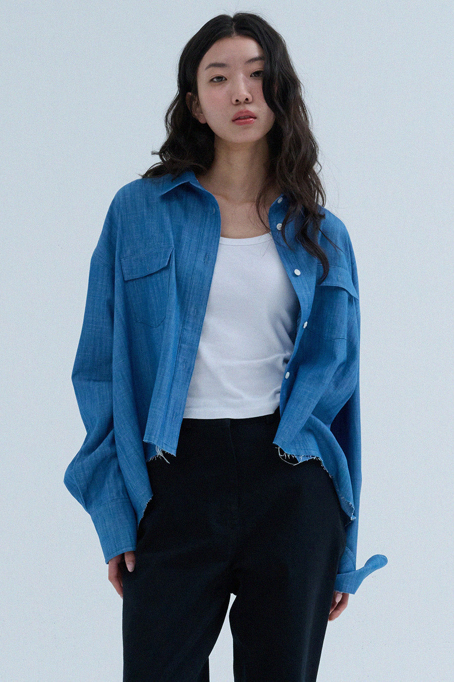 Slub Faded Cut-Off Denim Shirt — Indigo Blue