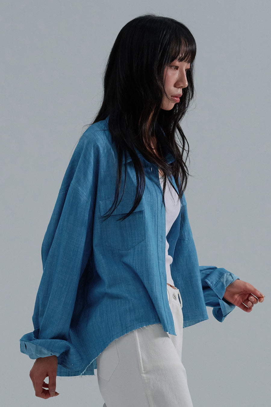 Slub Faded Cut-Off Denim Shirt — Light Blue
